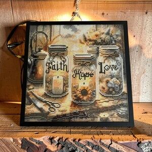 Hand Crafted Faith Hope Love Mason Jar Diamond Art Wall Art